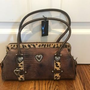 Sharif Brown Leather and Leopard Printed Handbag